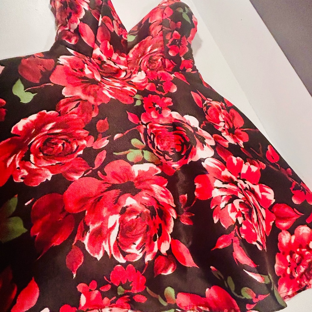 B Smart Red Rose Floral Fit & Flare Dress Size 5 Black V Neck Cocktail Party